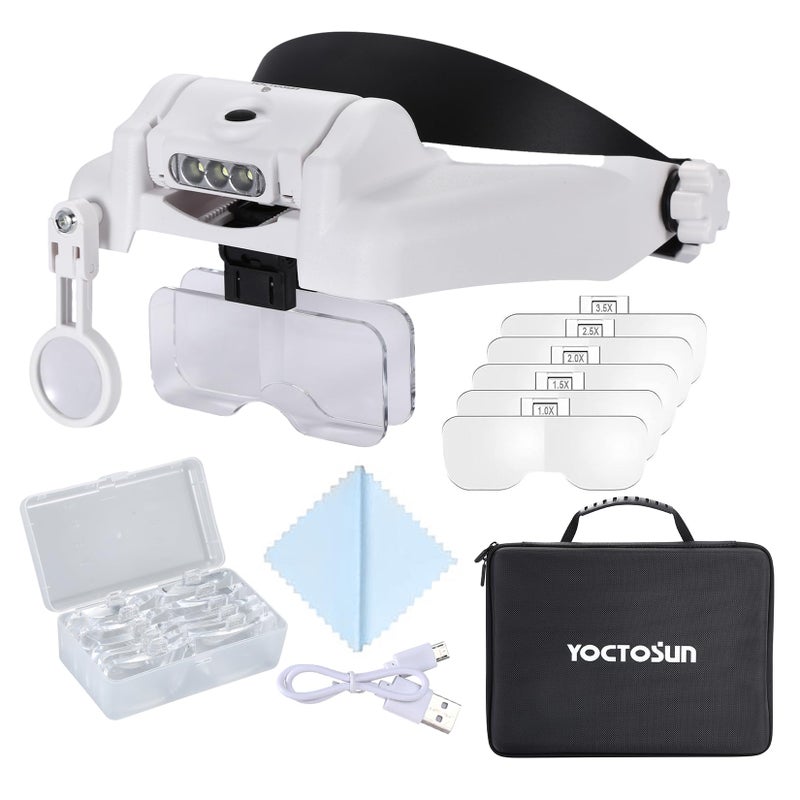 YOCTOSUN Magnifying Glasses with Light 1X14X Rechargeable LED Headband Magnifier with 6 Lenses and Storage Case Hands Free Head Magnifying Visor for Close Work Sewing CraftsJewelry